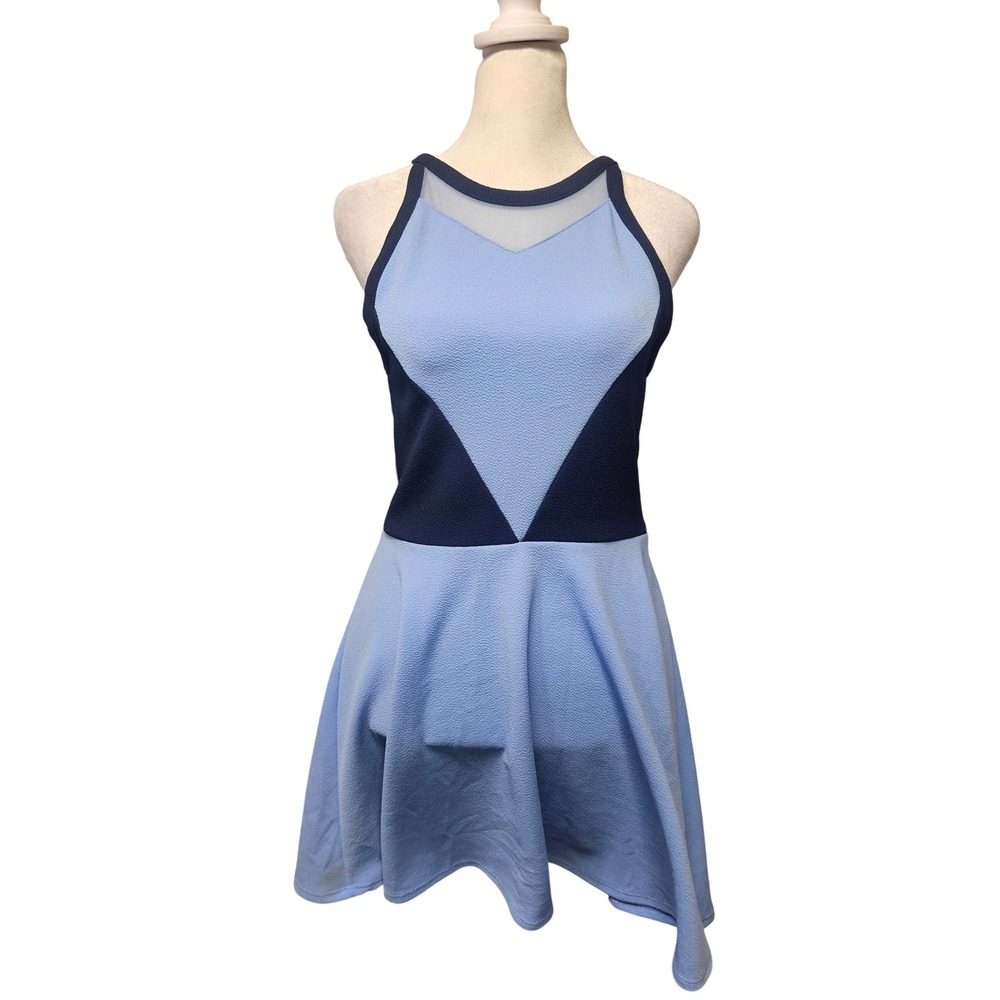 Sally Miller Couture Blue Colorblock Mesh Skater Dress Womens L 12 3280 USA